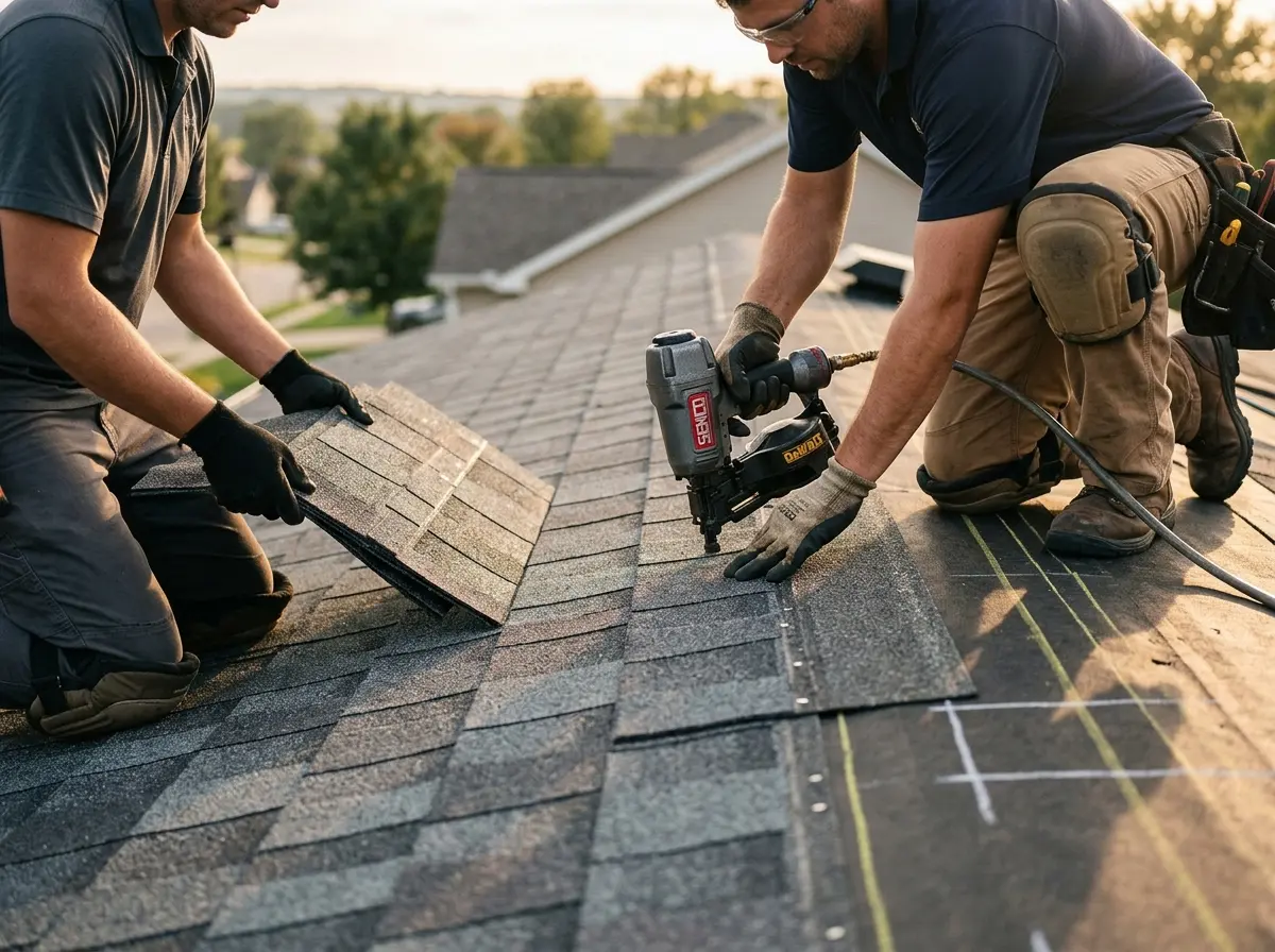 Professional roofer working on a residential roof in Freeport